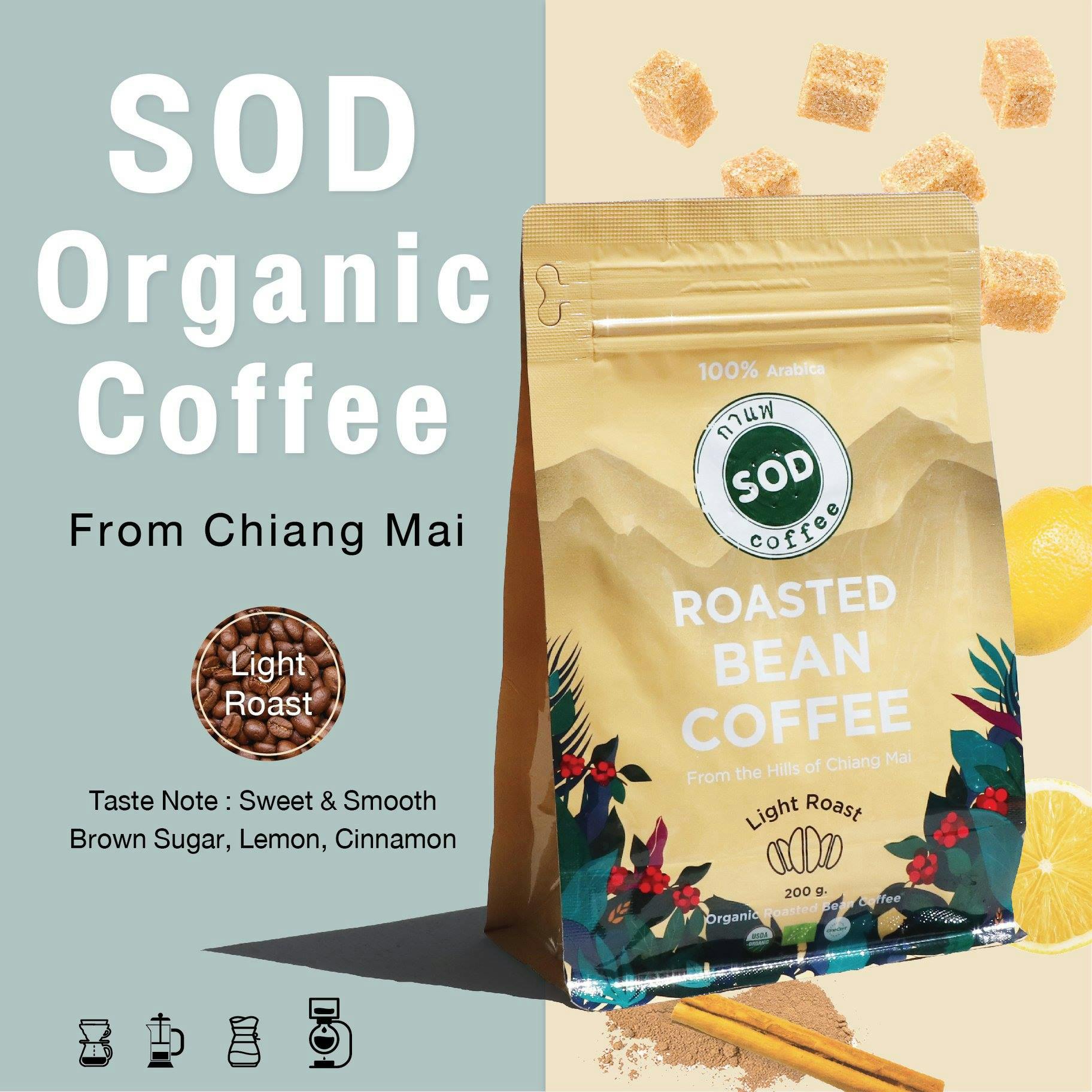 SOD Coffee: เมล็ดกาแฟออร์แกนิก Organic Roasted Bean Coffee (Light Roast) ป่าเมี่ยง (คั่วอ่อน) ขนาด 200 กรัม