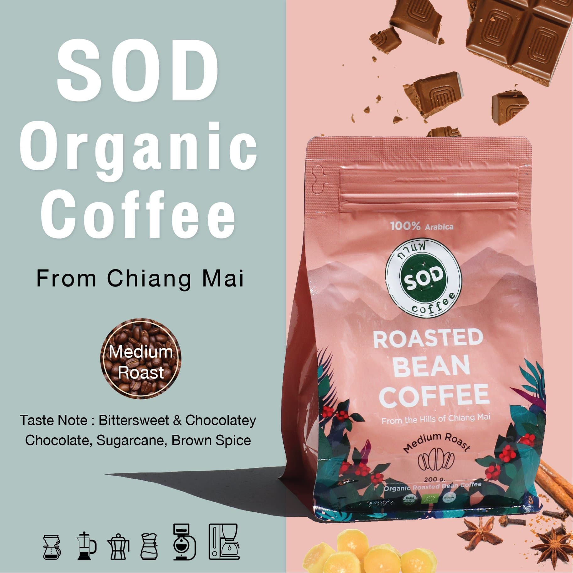 SOD Coffee : เมล็ดกาแฟออร์แกนิก Organic Roasted Bean Coffee (Medium Roast) ป่าเมี่ยง (คั่วกลาง) ขนาด 200 กรัม