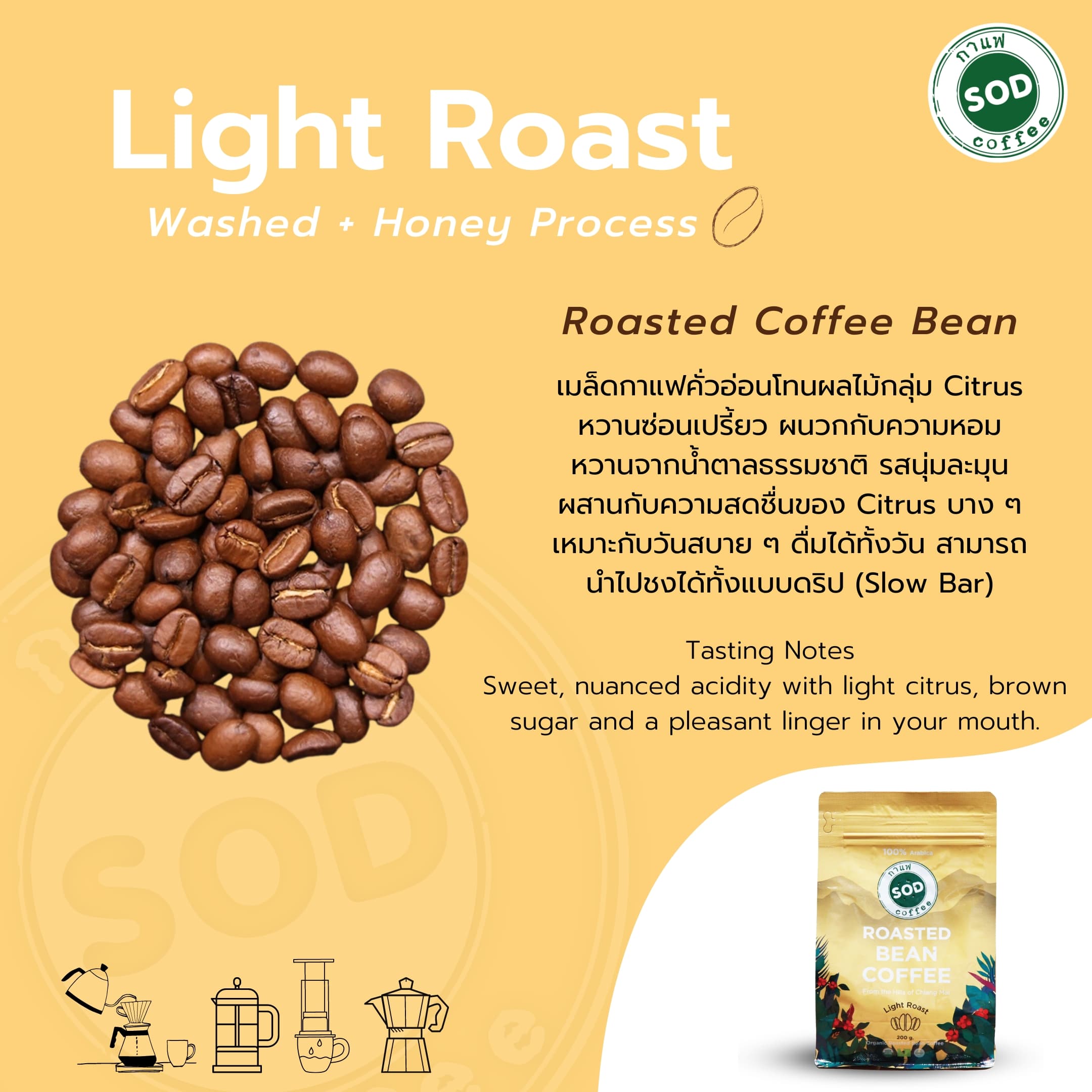 SOD Coffee: เมล็ดกาแฟออร์แกนิก Organic Roasted Bean Coffee (Light Roast) ป่าเมี่ยง (คั่วอ่อน) ขนาด 200 กรัม