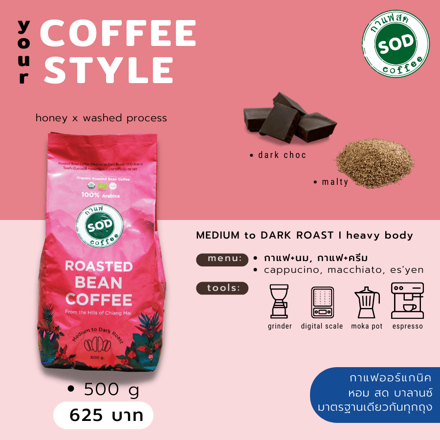 SOD Coffee: เมล็ดกาแฟออร์แกนิก Organic Roasted Bean Coffee (Medium to Dark Roast) ขนาด 500 กรัม 