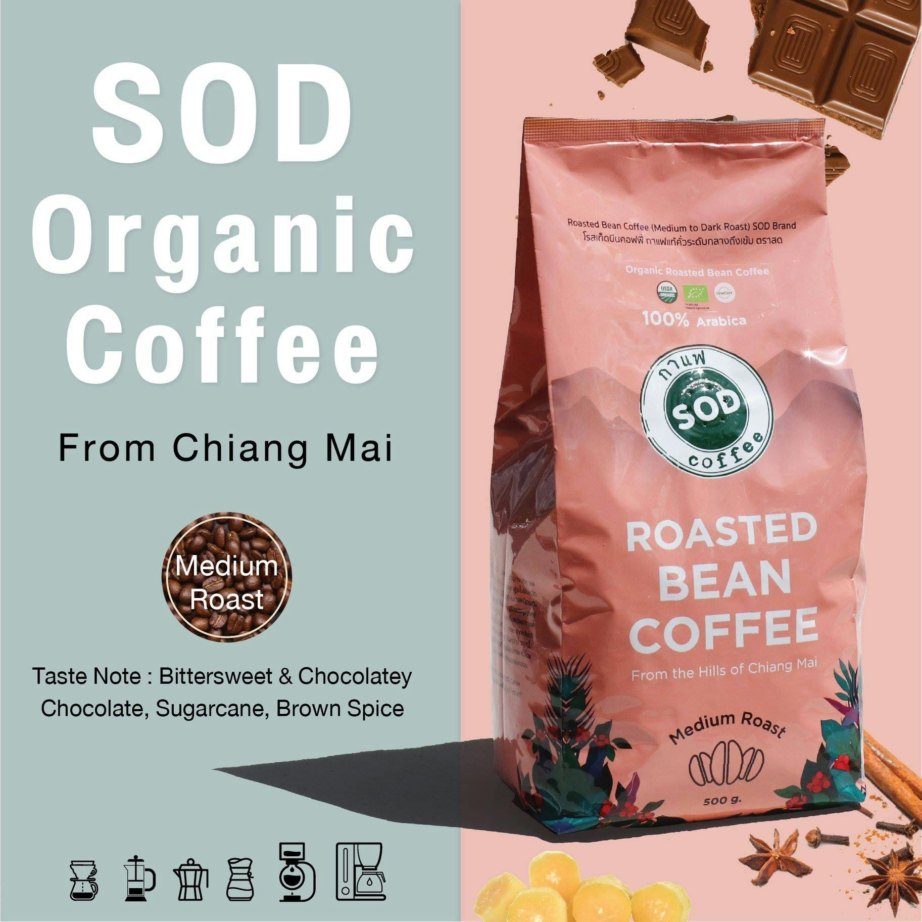 SOD Coffee: เมล็ดกาแฟออร์แกนิก Organic Roasted Bean Coffee (Medium Roast) ป่าเมี่ยง (คั่วกลาง) ขนาด 500 กรัม