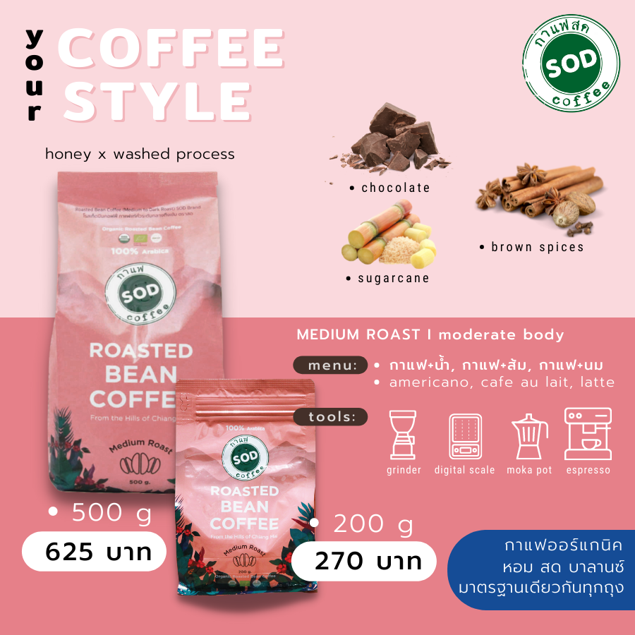 SOD Coffee : เมล็ดกาแฟออร์แกนิก Organic Roasted Bean Coffee (Medium Roast) ป่าเมี่ยง (คั่วกลาง) ขนาด 200 กรัม