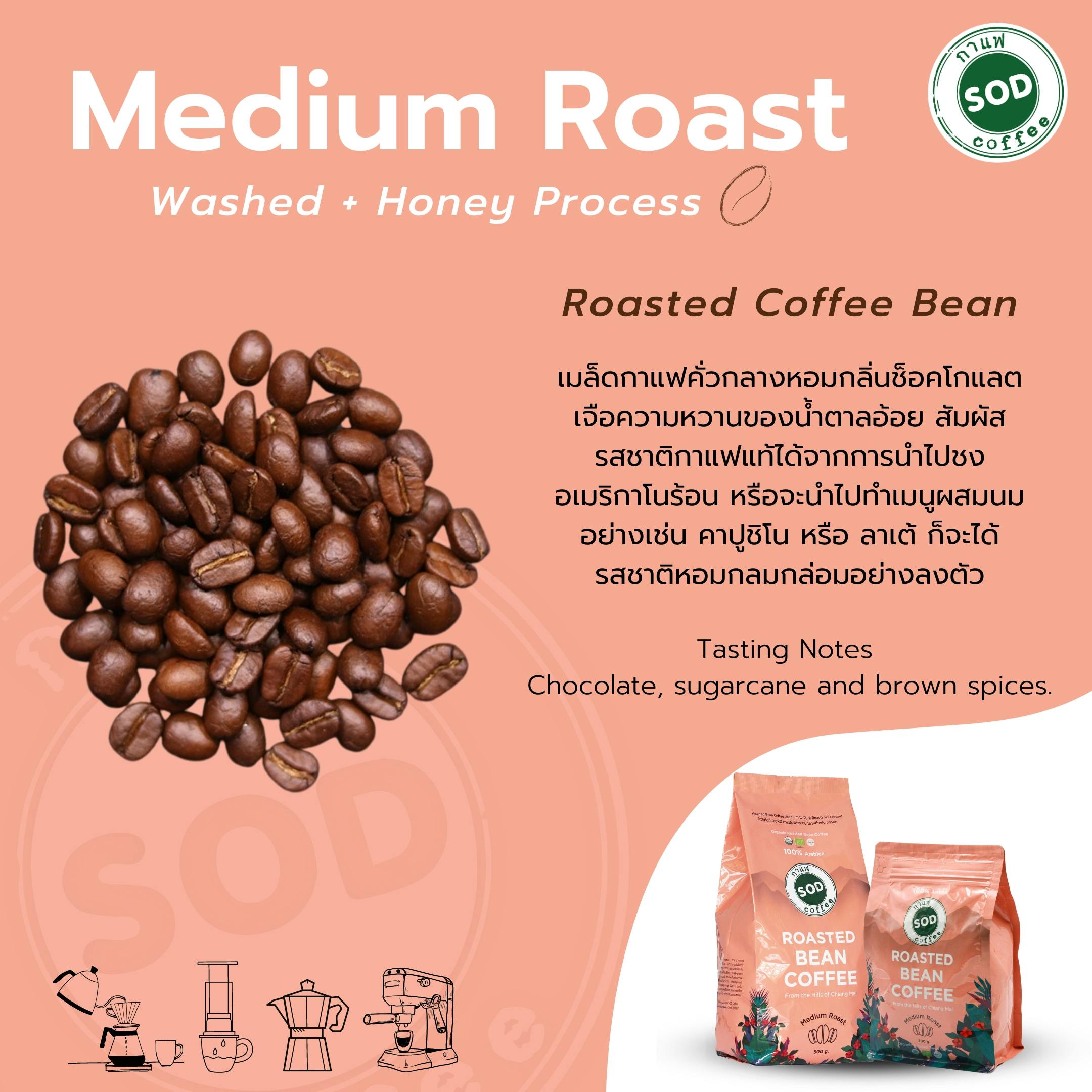 SOD Coffee : เมล็ดกาแฟออร์แกนิก Organic Roasted Bean Coffee (Medium Roast) ป่าเมี่ยง (คั่วกลาง) ขนาด 200 กรัม